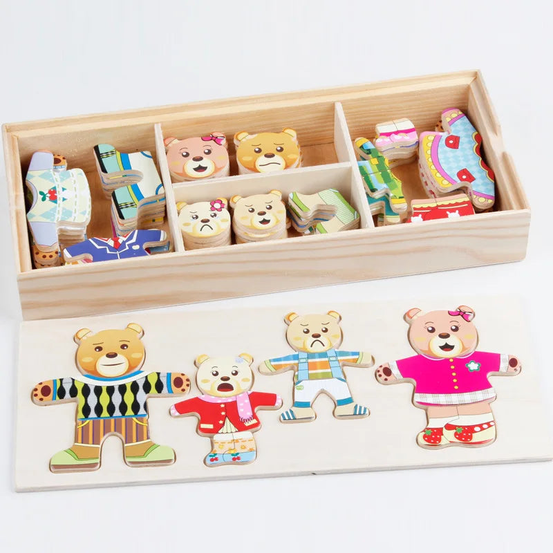 QWZ Little Bear Change Clothes Children's Early Education Wooden Jigsaw Puzzle Dressing Game Baby Puzzle Toys For Children Gift